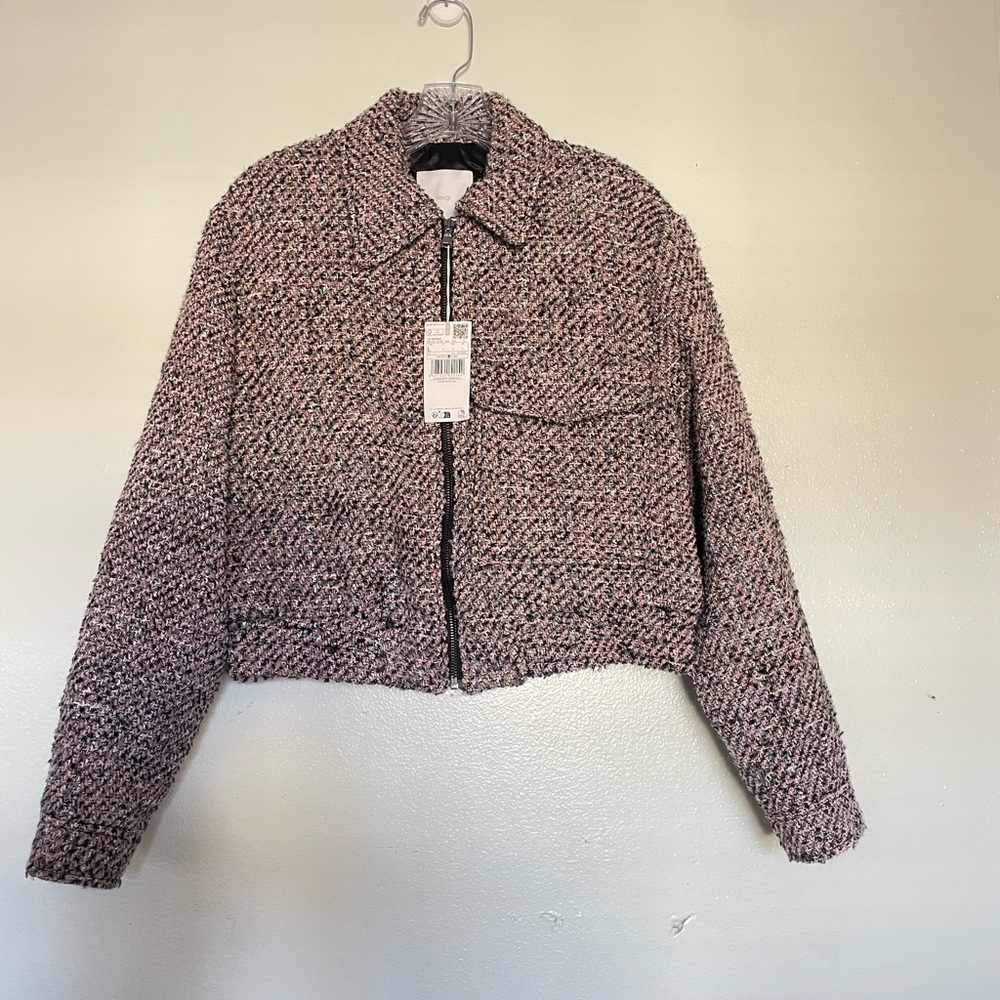 Mango Tweed Bomber Jacket - Pink and Black